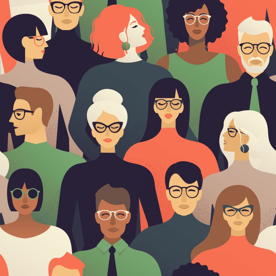 Seamless pattern of many different people profile heads Vector background.