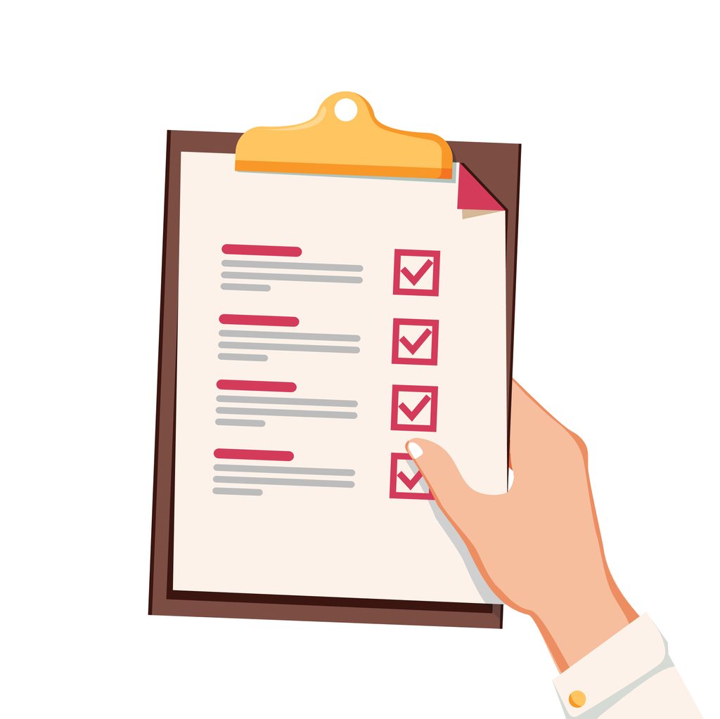 Hand with checklist. Hand holding and completing checklist on clipboard. Business concept. Clipboard with checklist icon. Document list with filled task boxes, survey or test vector illustration.