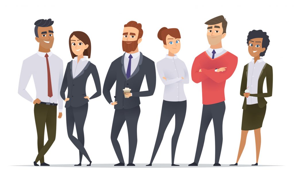 Business team. Professional workers happy partners group team building office male and female managers standing vector characters. Illustration of worker group, business manager team